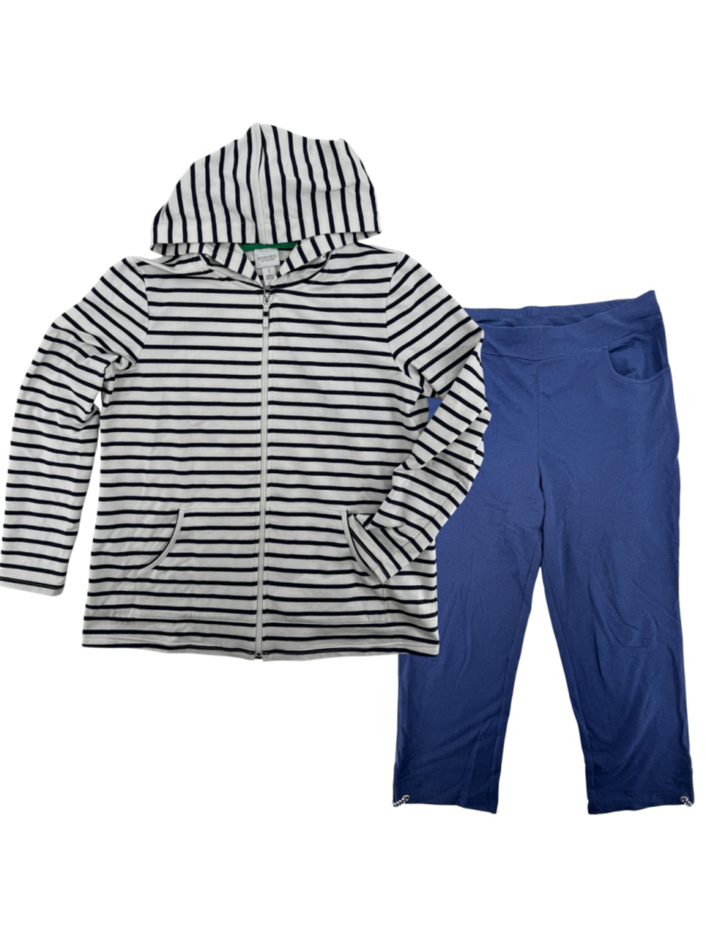 Chico's Weekends 2 Piece Set Zip Front Striped Hoodie & Capri Pants Navy Sz 1/L